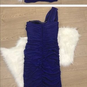 Tadashi Shoji Royal Purple ruched cocktail dress.